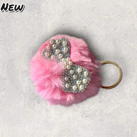 New Pink Faux Fur Bow Keychain Charm – Pearl & Rhinestone Bling - Picture 1 of 5